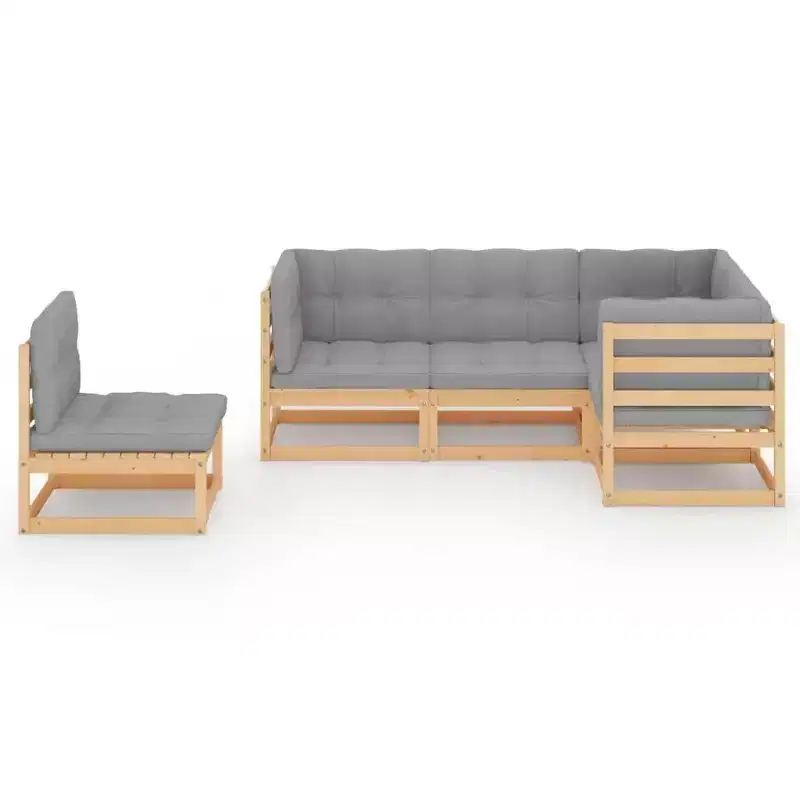 vidaXL Garden Lounge Set Grey Cushions, Natural Pinewood