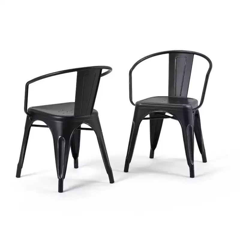 WyndenHall Set of 2 Elisse Metal Dining Armchairs Distressed Black/Silver: Industrial Style, Metal Frame