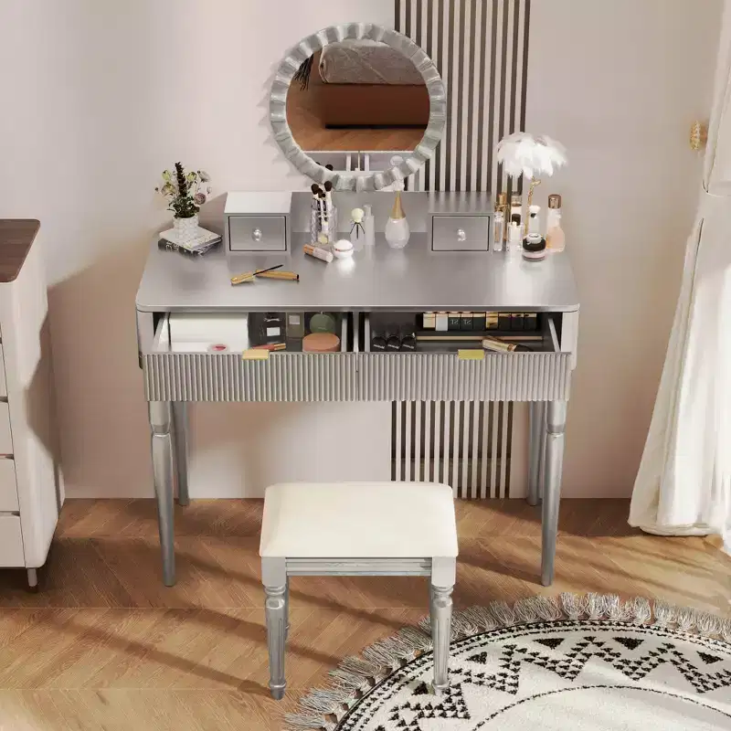 JVNOXK Modern Luxury Vanity Set with 4-Drawer Storage and Stool, Featuring Round Mirror, Three-Level Height-Adjustable Hanging Rod, Silver