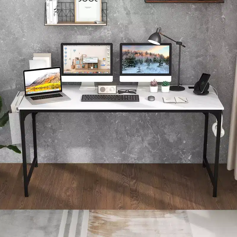 Modern Computer Desk with Charging Station, Storage Bag & Headphone Hook, White