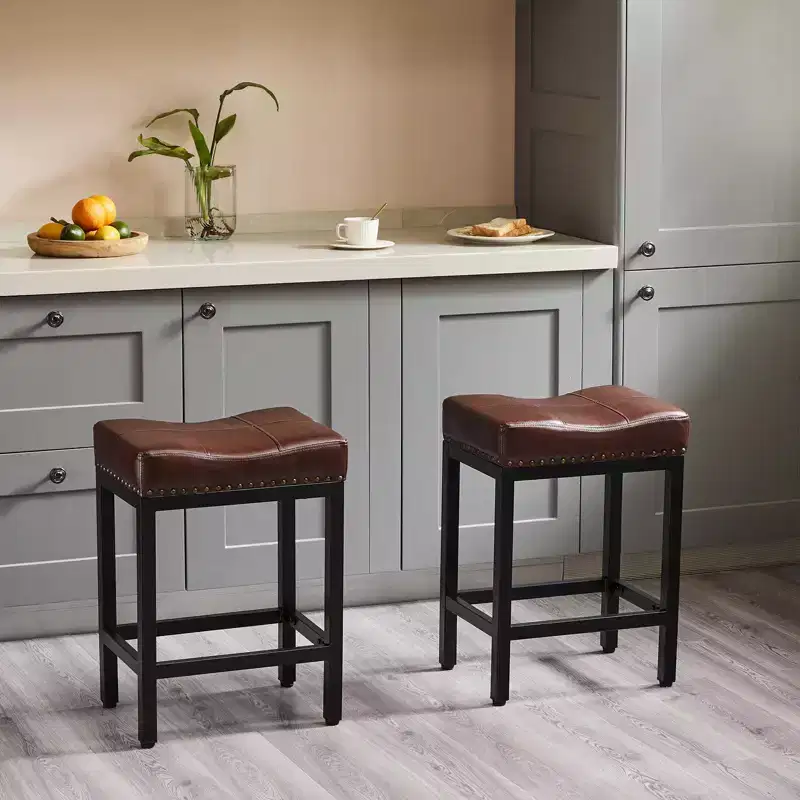 Set of 2 Upholstered Swivel Adjustable Height Bar Stools with Footstools, Armless PU Leather Counter Chairs for Dining Rooms