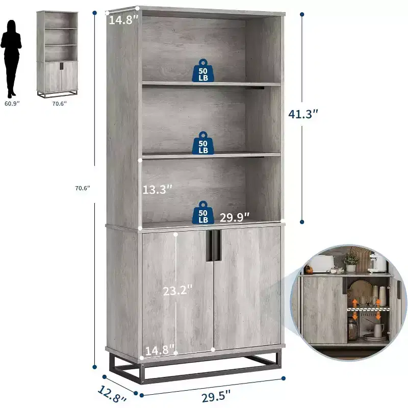 Bookshelf with Doors, Metal Base, 3 Open & 2 Hidden Shelves, Waterproof Scratch-Resistant