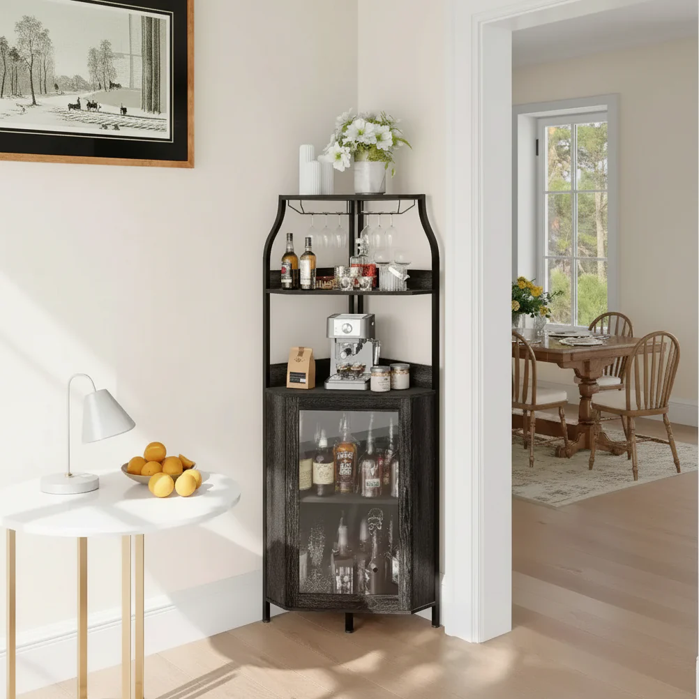 68 Inch Corner Bar Cabinet,5-Tier Industrial Wine Cabinet,Strip & Glass Holder for Small Space,12-Color, Tempered Glass Door for Kitchen,Living Room