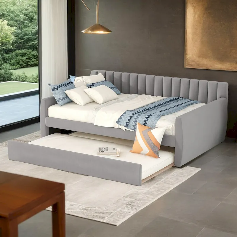 Full Size Upholstered Daybed with Trundle and Wood Slat Support