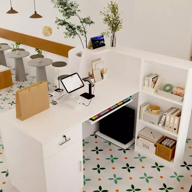 Hitow White Cash Register & Reception Desk with Black Accents & Side Shelves