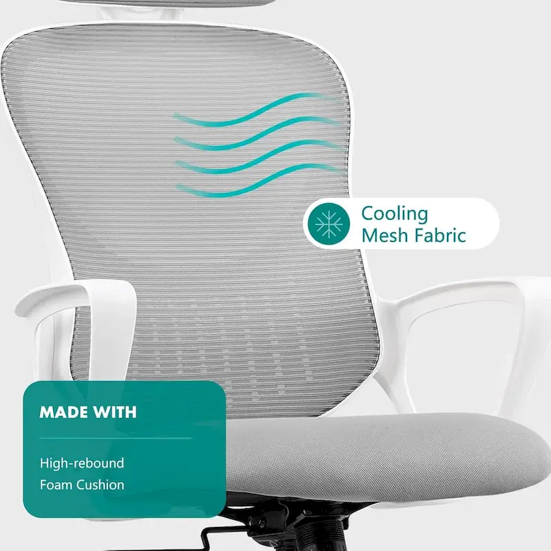Ergonomic Office Chair, Comfy Computer Desk Chair Mesh High Back with Fixed Arms and Adjustable Headrest, Swivel Rolling Chair