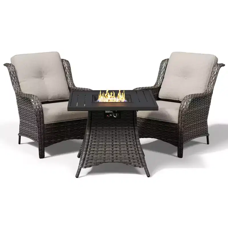 UPTIOT Outdoor 2-Piece Wicker Chair Set with Fire Pit Table and All-Weather Cushions