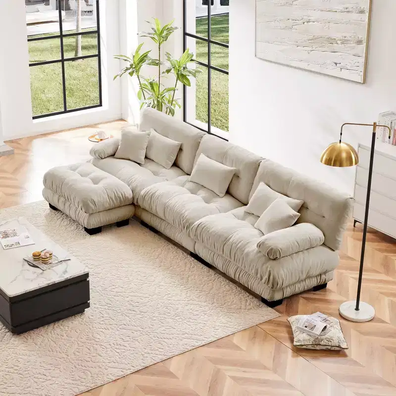 Oversized L Shaped Cloud Couch for Living Room Deep Seat Sofa Couch with Convertible Ottoman Chenille Light coffee