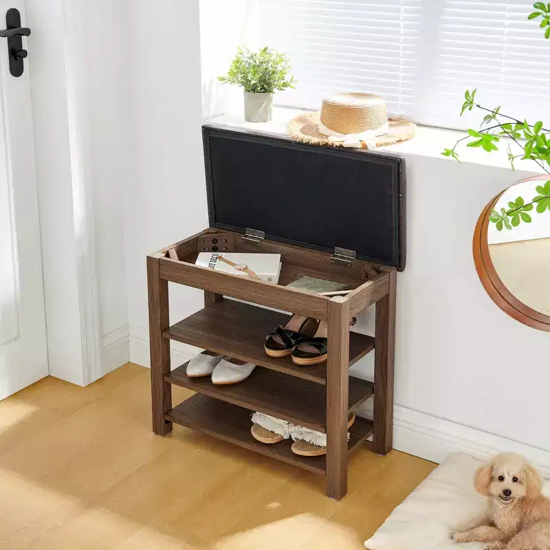 Storage Bench with Cushion, Shoe Changing Bench with Hidden Storage, 3-Tier Shoe Organizer for Entryway - ModernLuxe