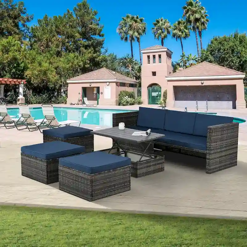 Patio Outdoor Furniture,Seasonal PE Wicker Furniture,5 Set Wicker Furniture,Plywood lift TOP Coffee Table,with Lounger Sofa