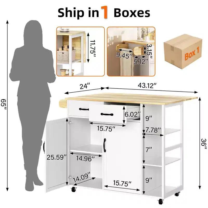 43 White Rolling Kitchen Island Cart C Fold-Down Drop-Leaf Table with Storage Drawer & Towel Rack, Mobile Breakfast Bar for Kitchen & Dining