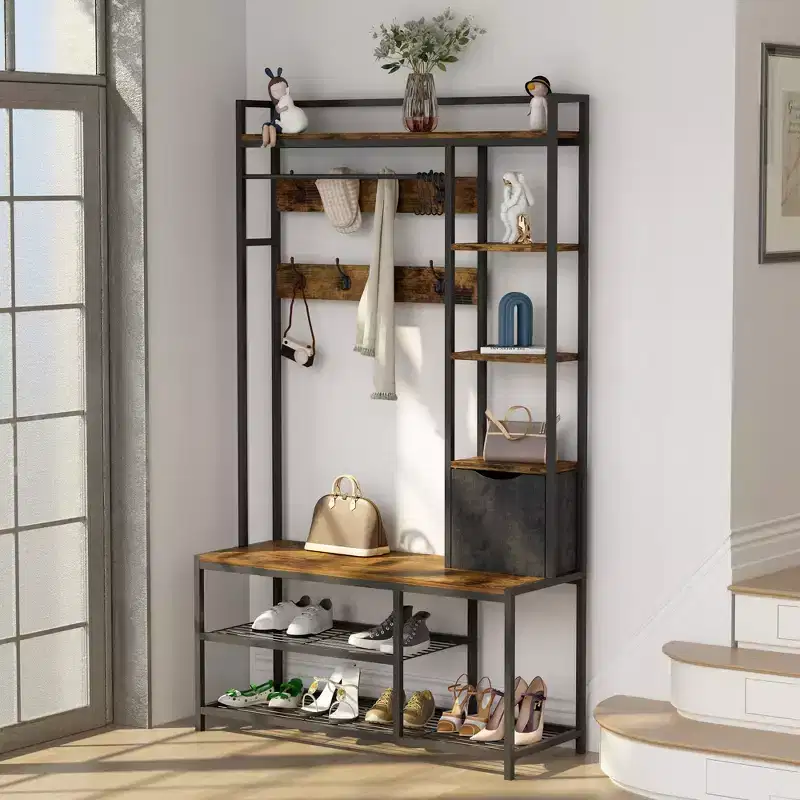 5-in-1 Coat Rack, Hall Tree with Bench and Shoe Storage, Freestanding Entryway Bench with 5-Tier Open Shelves
