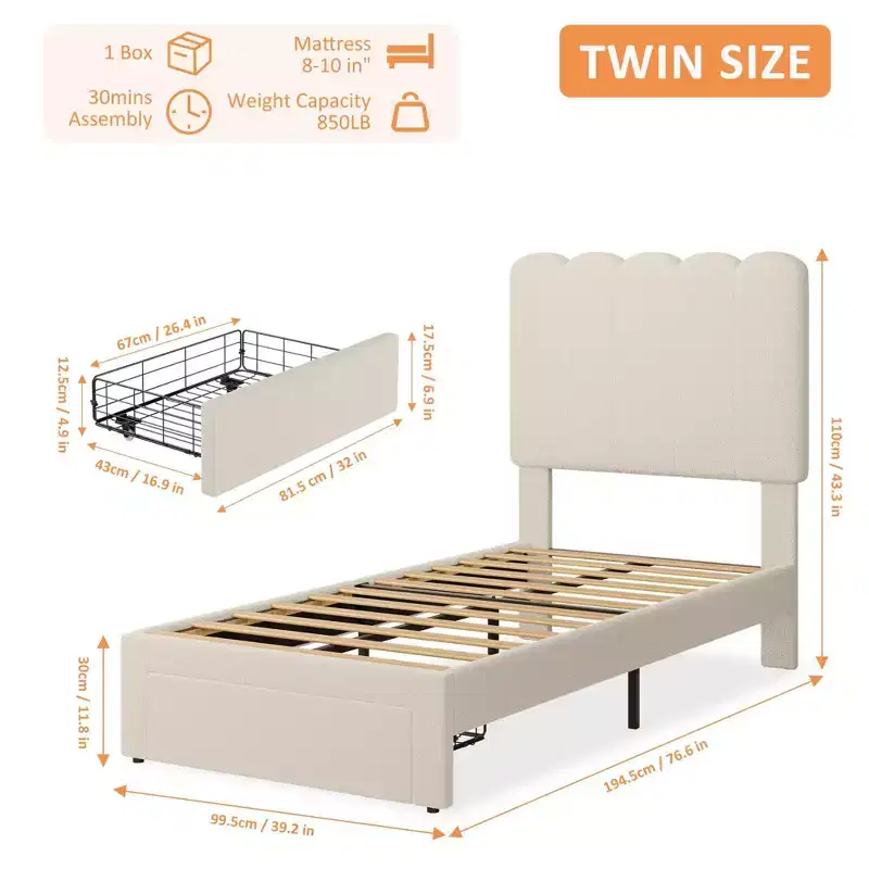 Set of 2 Twin Bed Frame with Under-Bed Drawer, Upholstered Platform Bed with Wave Headboard, Wooden Slats Support, No Box Spring Needed