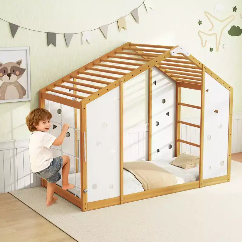 Twin Size 2-in-1 Montessori Climbing Bed with Monkey Bars for Boys & Girls