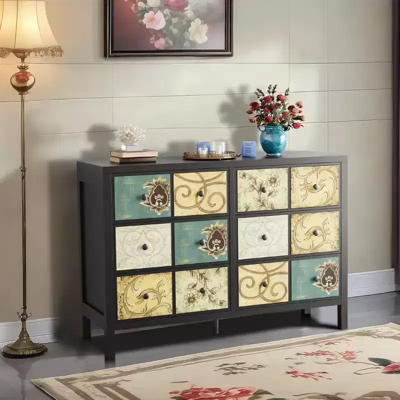 6 Drawers Dresser for Bedroom, Wood Rustic Chest of Drawers with Metal Handle, Retro Floral Pattern Drawer, Farmhouse Dresser