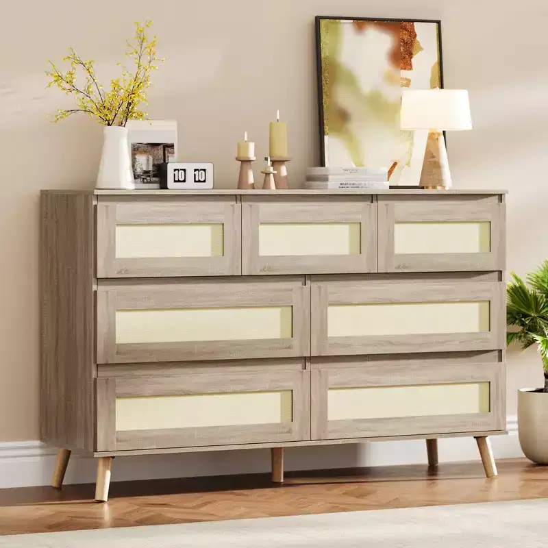 7 Drawer Dresser for Bedroom, Rattan 47'' Wide Chest of Drawers, Wooden Storage Dressers Organizer, Media Console Table for Living Room Hallway