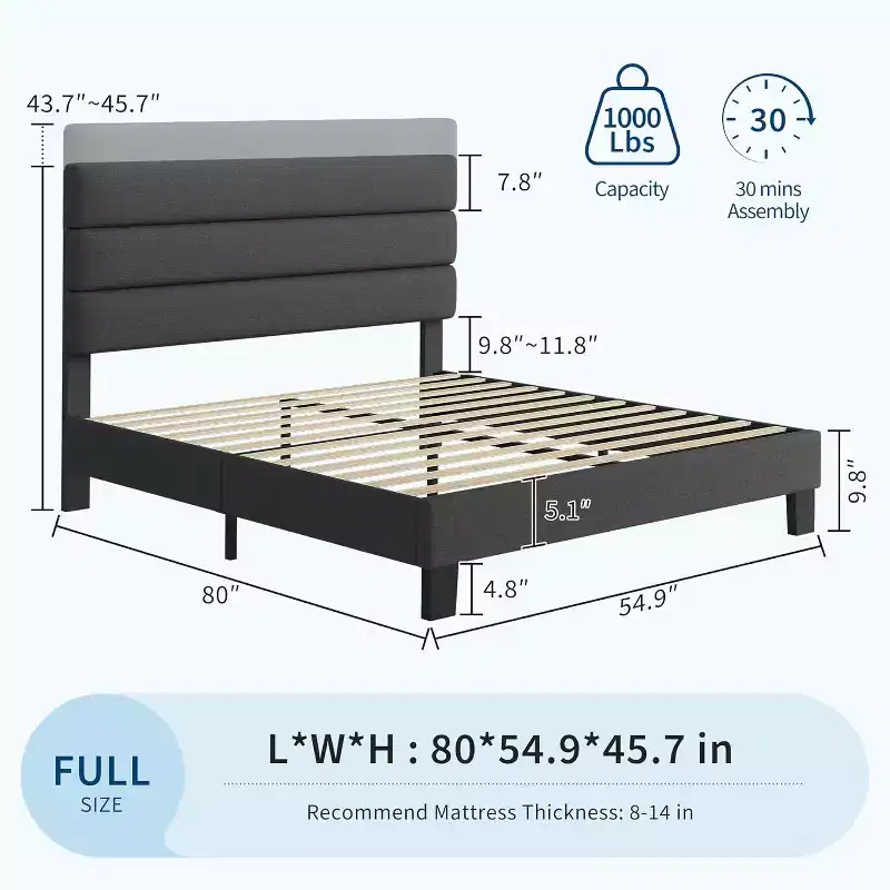 Platform Bed Frame with Adjustable Headboard, Fabric Upholstered and Wooden Slats Support, Heavy Duty Foundation, for Bedroom, Dark Grey