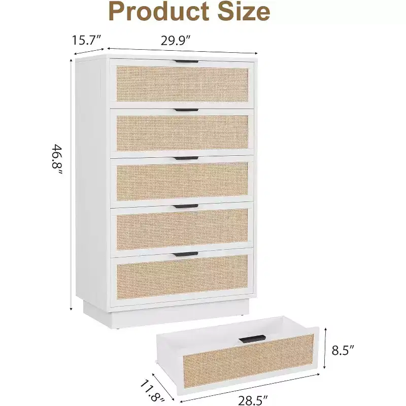 COZONY Vertical Narrow 5-Drawer Chest, Woven Rattan Design MDF PB Construction for Bedroom Living Room