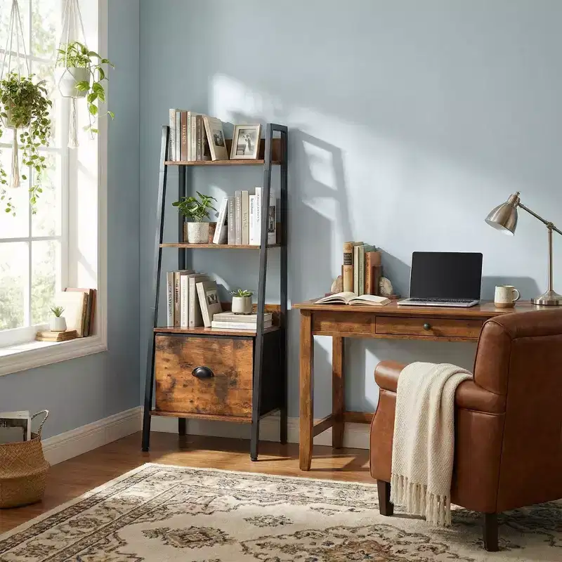 FurnitureR Rustic Ladder Shelf with Removable Fabric Drawer, Leaning Bookshelf & Plant Stand, Storage Organizer for Living Room, Home Office