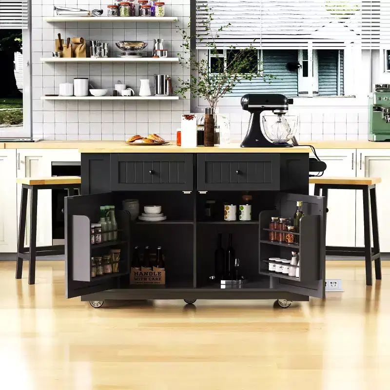 Kitchen Island with Storage,Rolling Kitchen Storage Carts with Drop Leaf,Power Outlet,Racks,Drawers and Locking Wheels Room White