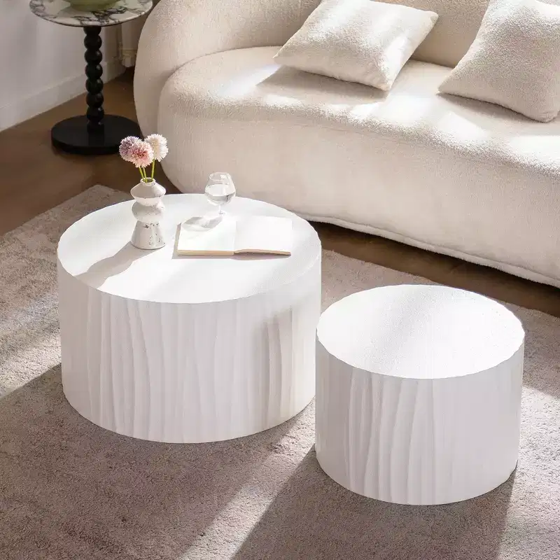 Set of 2 Round Nesting Coffee Tables with Handcrafted Relief Design for Living Room