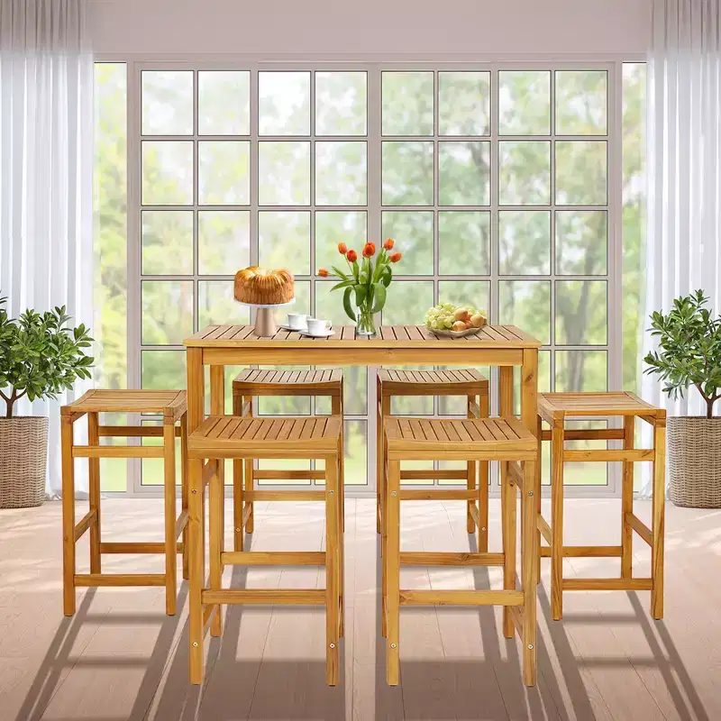 Costway 7 PCS Acacia Wood Bar Table Set 45 Rectangular Dining Table & 6 Saddle Stools