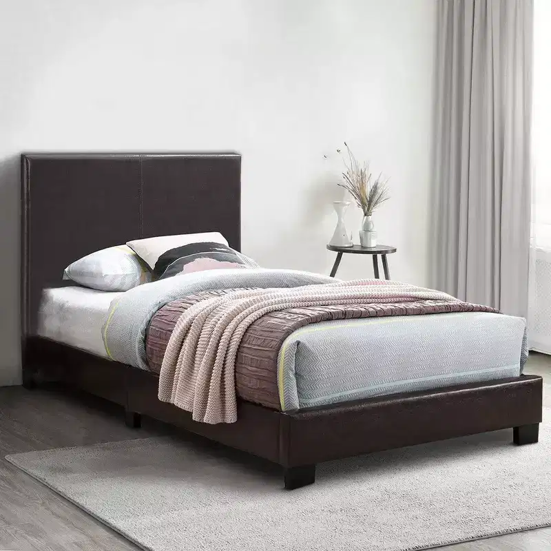 Royal Hampton Transitional Style Leatherette Queen Bed with Padded Headboard, Dark Brown