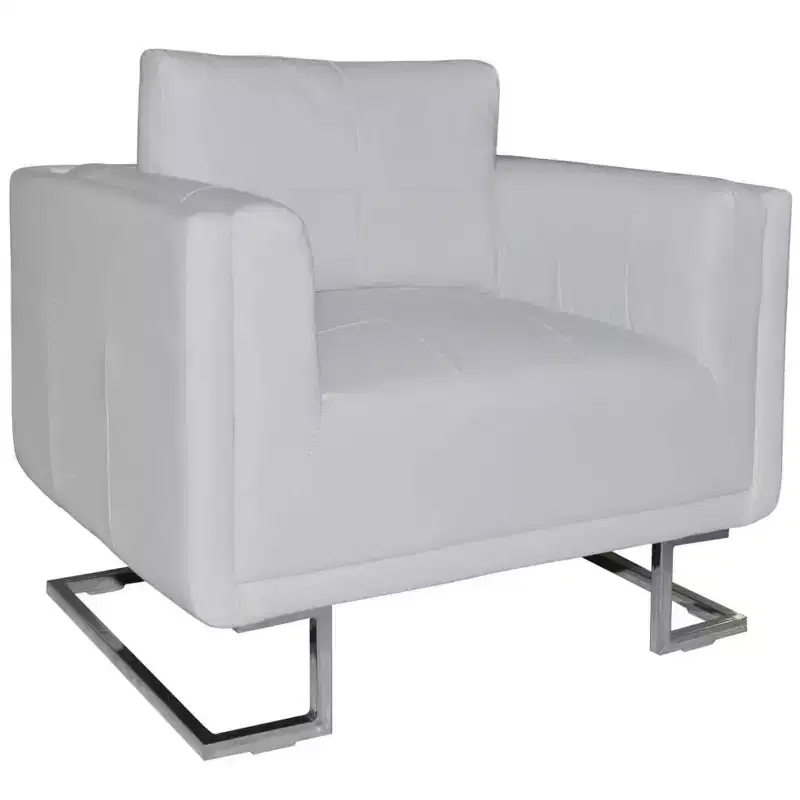 XL Scandinavian-Modern Cube Armchair, White Leather Upholstered, Solid Wooden Frame with Chrome Feet - White