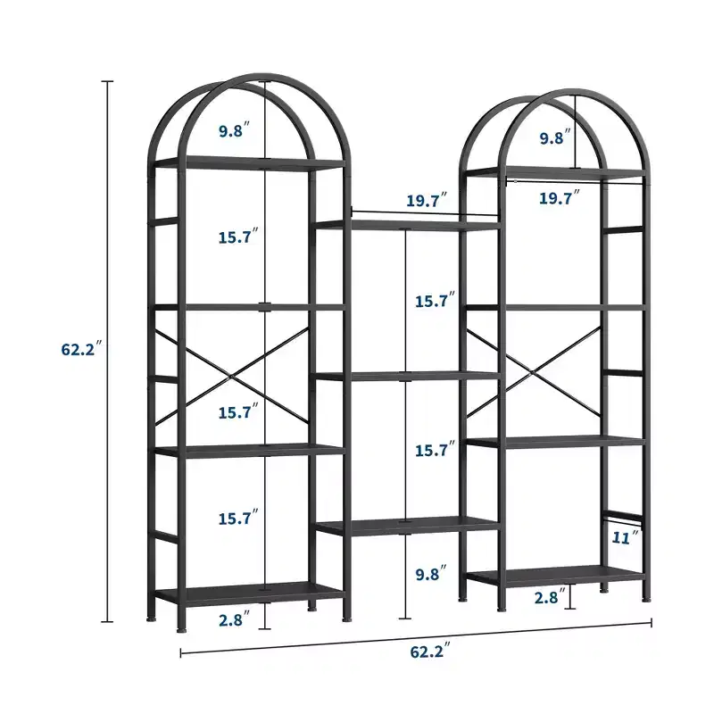 Triple 4 Tier Arched Bookshelf, Large Open Display Bookcase with 11 Shelves, Metal Frame & Wood Shelves, Wide Tall Standing Storage Rack for Bedroom