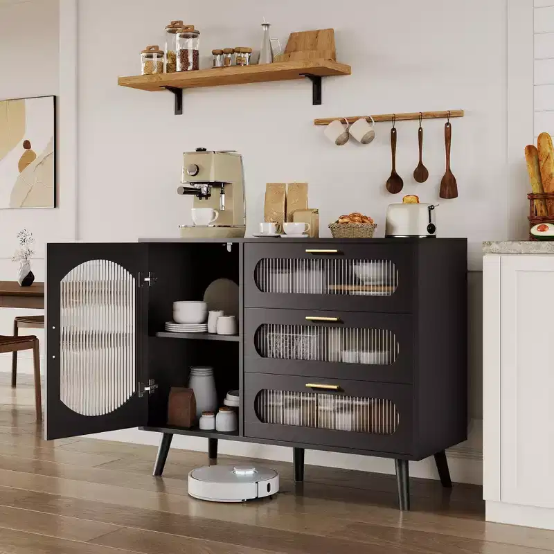 Buffet Cabinet with Storage, Sideboard with Fluted Glass Door and Drawers, Black