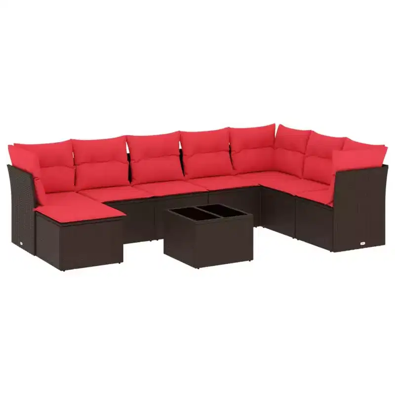 vidaXL 9 Piece Patio Sofa Set with Cushions Poly Rattan - Brown and Red With Table