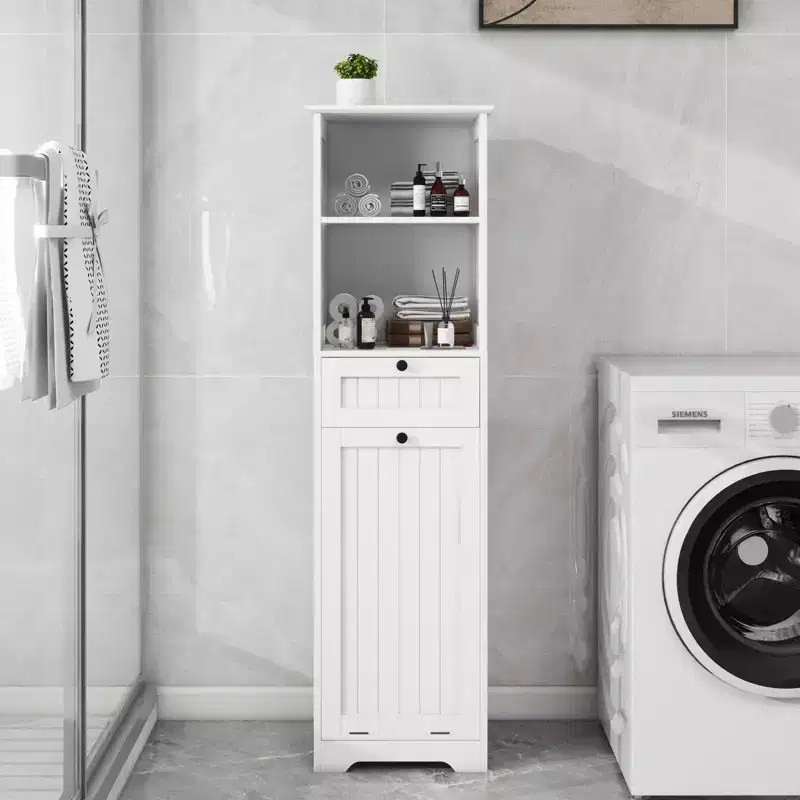 Bathroom Cabinet with Laundry Basket, Tilt-Out Hamper Storage Unit with Top Shelves and Drawer for Bathroom Laundry Room