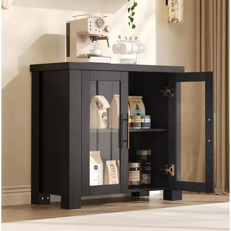 COZONY Buffet Cabinet with Tempered Glass Doors, Wood Sideboard Storage Cabinet for Dining Room Living Room Kitchen