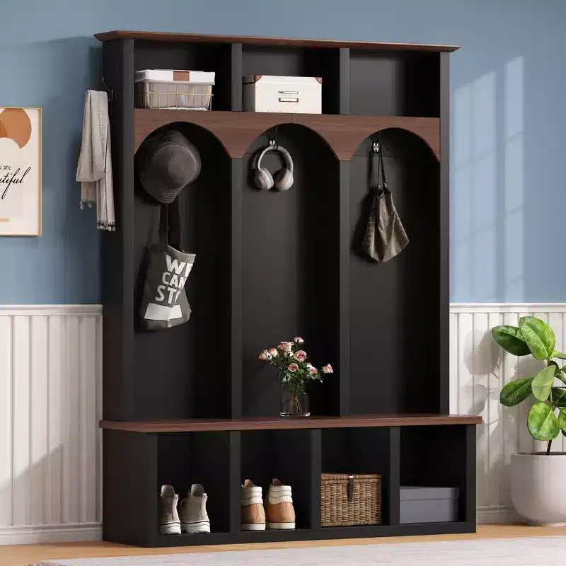 Farmhouse Hall Tree with 6 Hooks, Walnut Bench, 13 Shoe Cubbies & Shelves