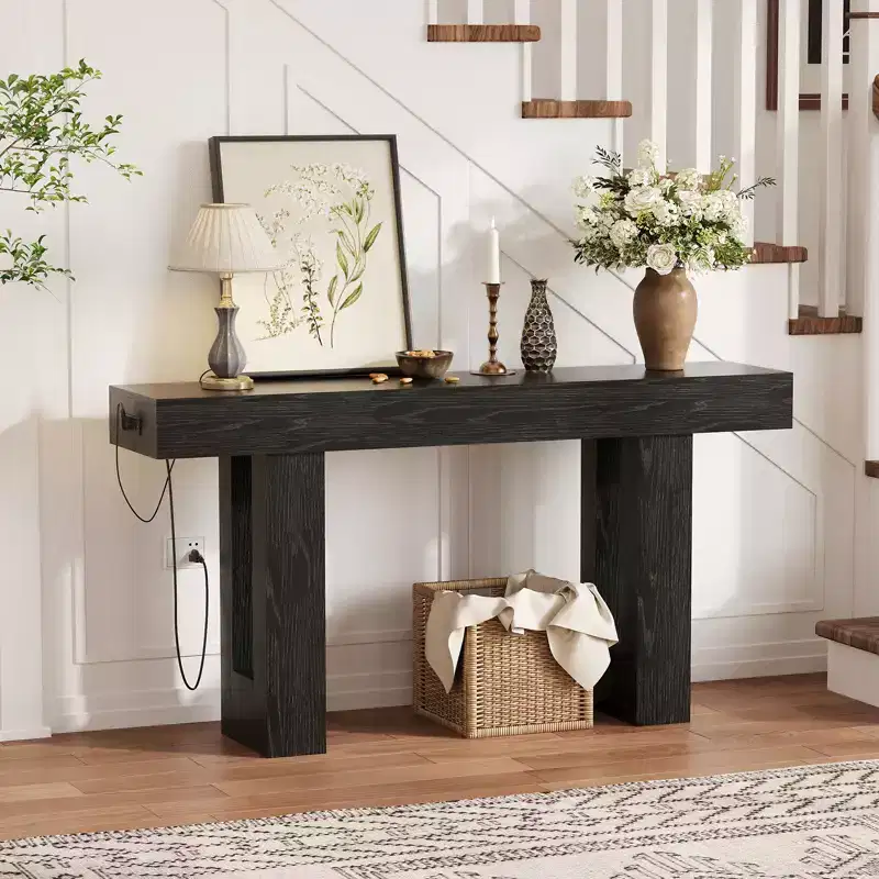 Sofa Console Table with Power Outlet, USB & Type-C Charging Ports, Extra Long Narrow Table for Entryway Hallway & Living Room
