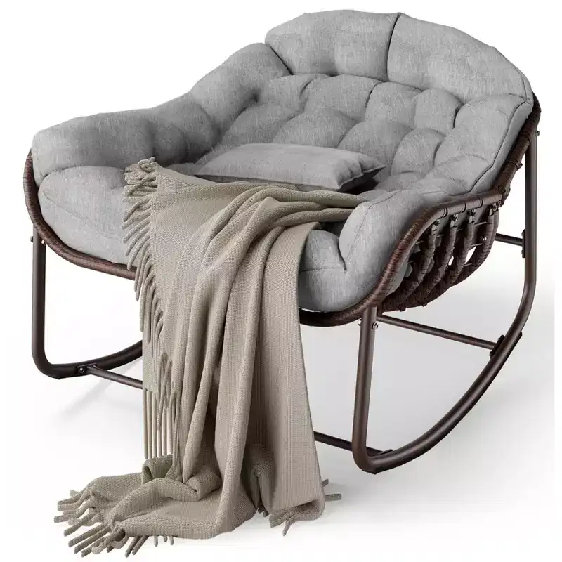 Wicker Patio Egg Rocking Chair, Weather-Resistant Cushion, Supports 450 lbs, Sturdy Metal Frame, for Porch, Garden, Backyard
