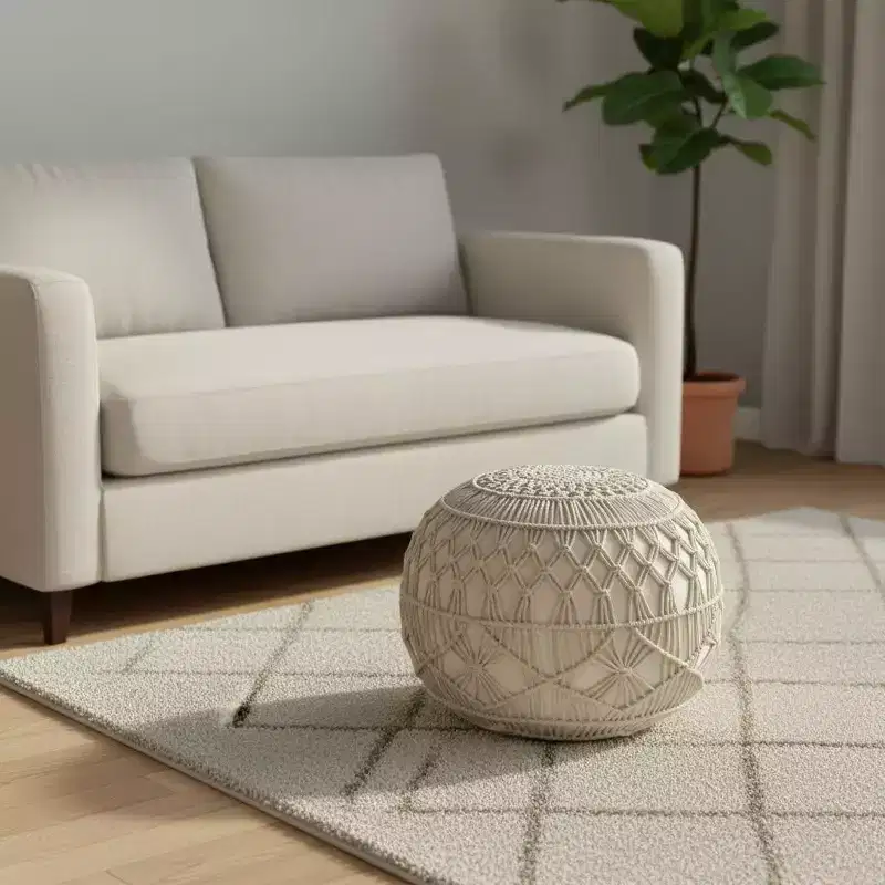 HomeRoots 20 Cream Cotton Tufted Round Geometric Pouf Ottoman