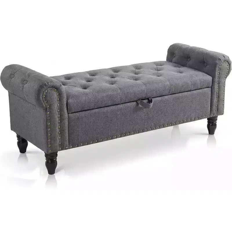 51in Bedroom Storage Bench for End of Bed, Upholstered Ottoman Bench with Button Tufted Design and Rolled Arms, Entryway Bench with Safety Hinge
