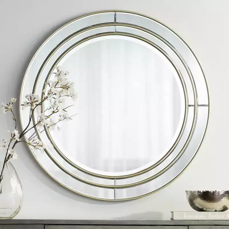 Noble Park San Simeon Round Vanity Decorative Wall Mirror Modern Beveled Glass Matte Champagne Frame 31 3/4 Wide for Bathroom Bedroom House Entryway