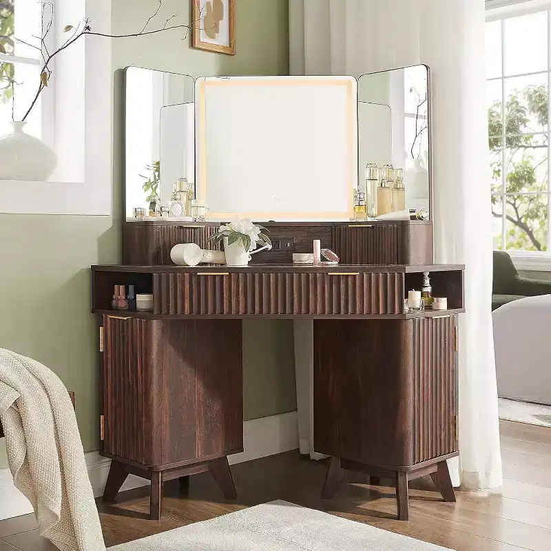 Corner Makeup Vanity Desk with LED Mirror & Charging Station, 48 Fluted Vanity Table with Glass Top & Storage Cabinets