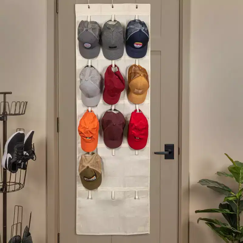 Household Essentials Over the Door Cotton Blend Cap and Hat Organizer with 15 Hook and Loop Hangers Natural