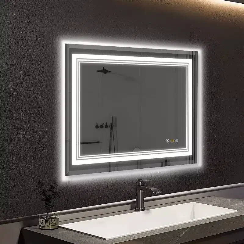 HBEZON Vanity Mirror with Lights, LED Wall Mount Bathroom Mirror, 3-Color Mode, Front/Backlit Lights, Dimmable, Anti-Fog, Rectangle, Aluminum, Silver