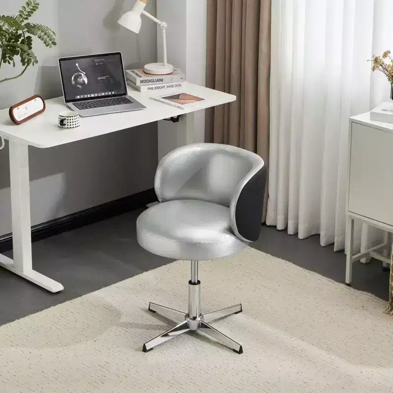Modern PU Swivel Chair Armless No Wheel Adjustable Height Office Desk Chair With Back Support in White and Brown