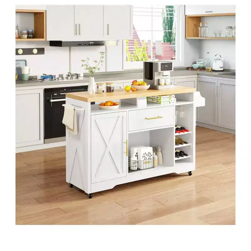 White & Oak Rolling Kitchen Island Cart with Power Outlet, 1-Person Assembly