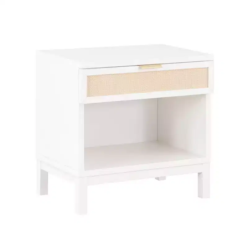 Comfort Pointe Bayport Nightstand White with Cane Inset: Coastal Style, 1 Drawer, Poplar Frame, No Assembly Required