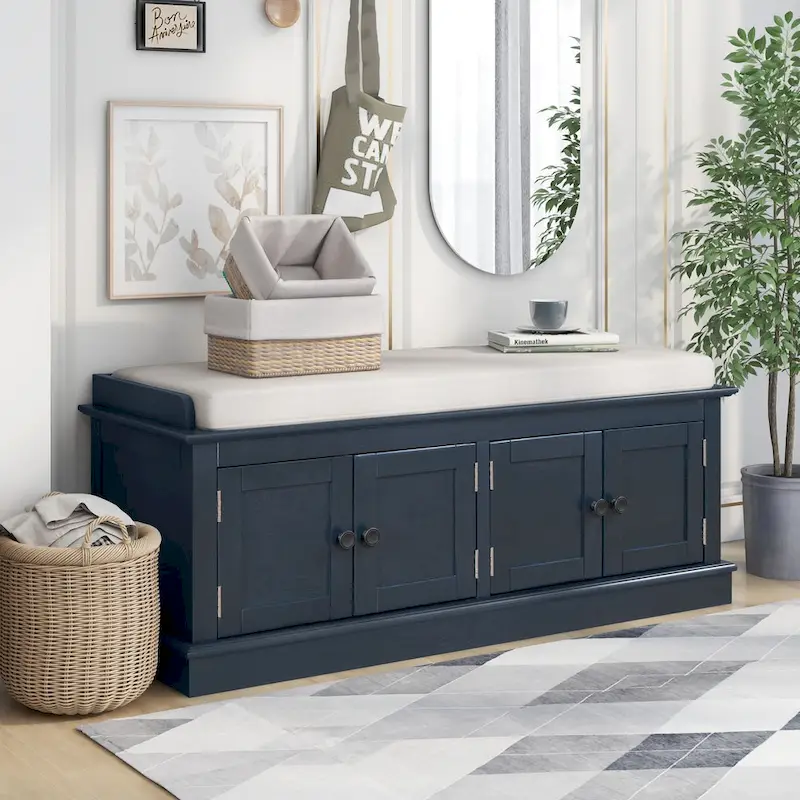White/Blue 4-Door Storage Bench with Adjustable Shelves & Removable Cushion (2-Person Seat)