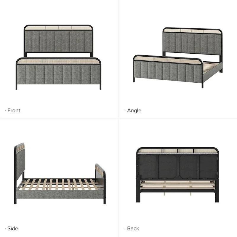 Alphons Modern Solid Wood Frame Ratten Bed with LED Headboard by HULALA HOME
