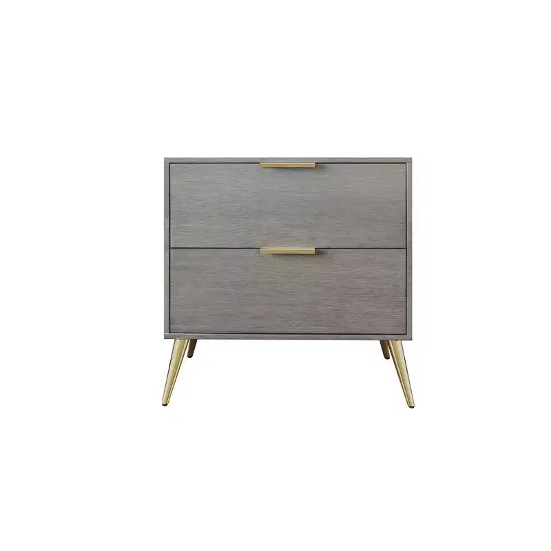 2-Drawer Nightstand with Gold Legs and Handles, Solid Wood