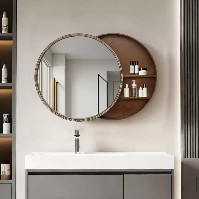 23.6 Modern Sliding Round Wall Mirror with Storage, Space-Saving Vanity Mirror for Bathroom, Accent Mirror for Living Room-Panipeachy