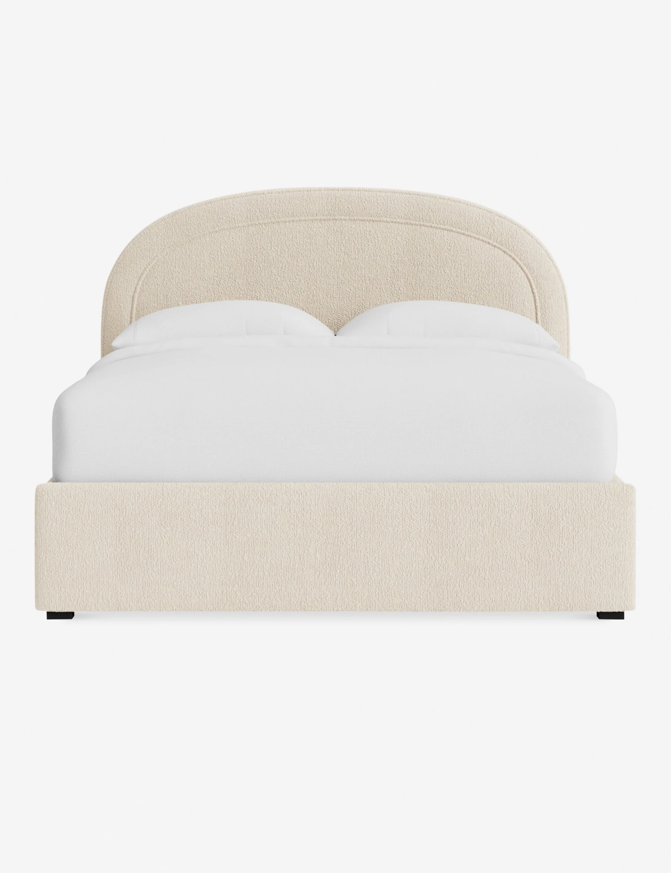Bed The bed offers a transitional look that's set for timeless comfort. Its arched headboard styles a soft, sly silhouette highlighted by